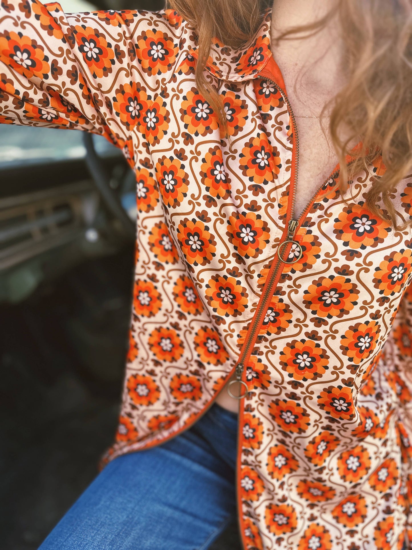 Large Poppy Flower Zipper Front Blouse