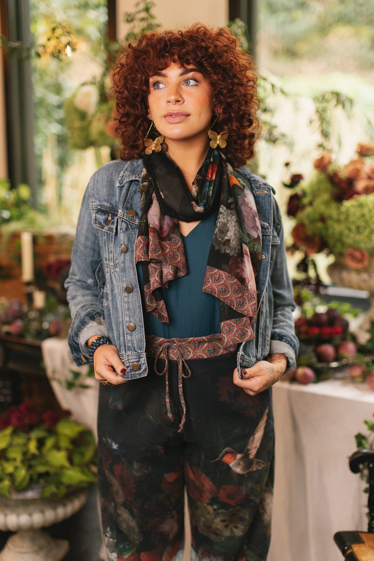 Flight of Fancy Floral Scarf with Hummingbirds Print