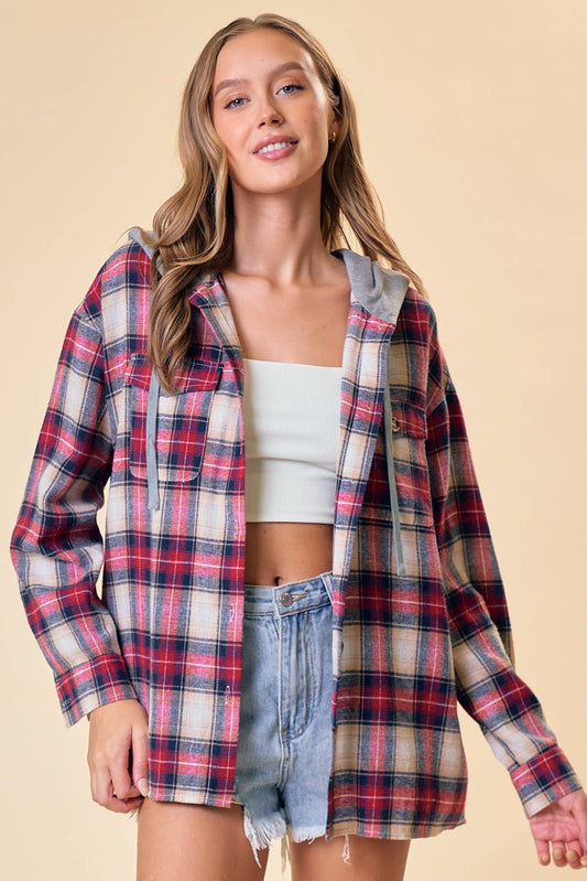 HOODIED PLAID SHIRT RED/TAN