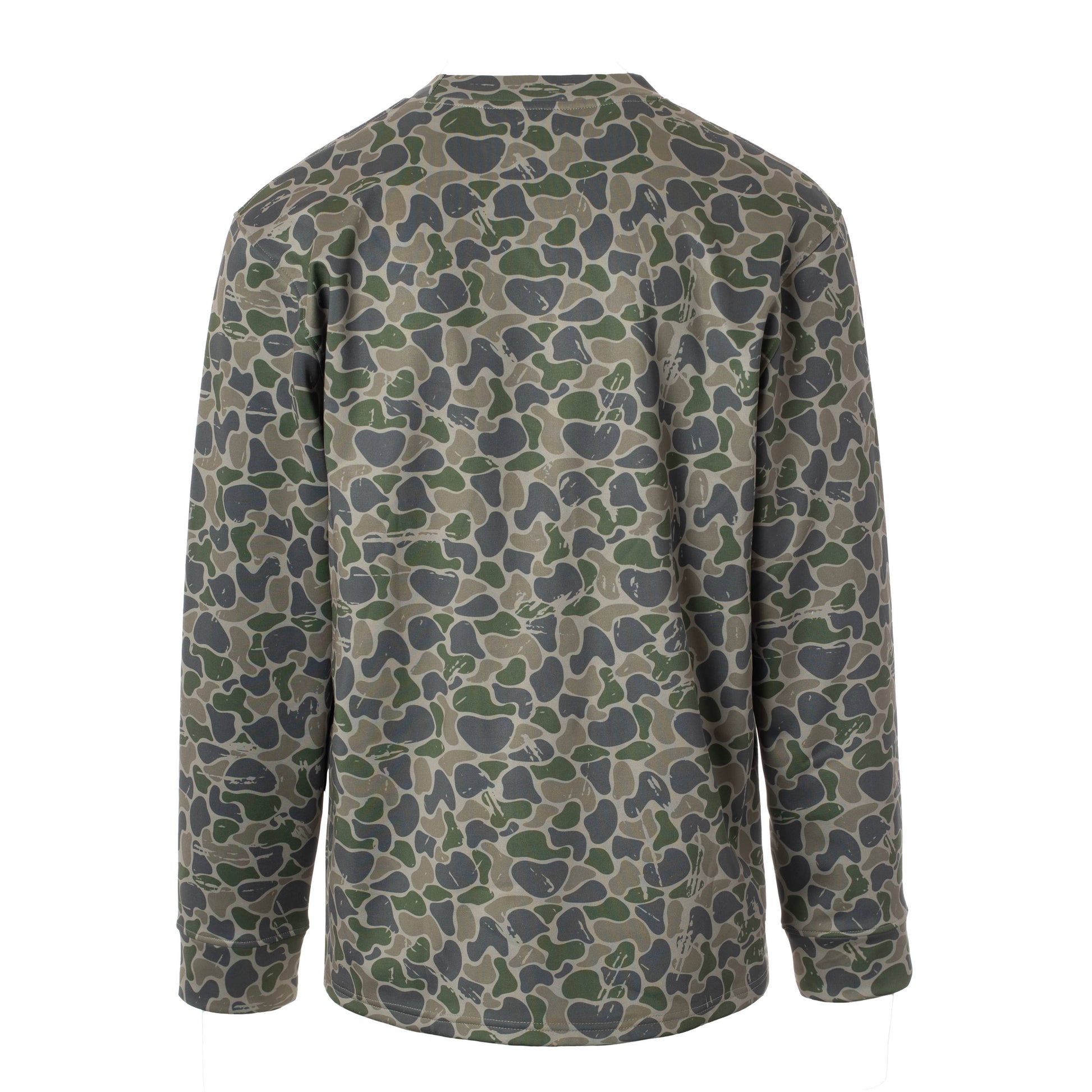 Camouflage-patterned long-sleeve shirt on a white background