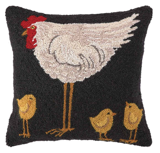 Hen with Three Chicks Hook Pillow