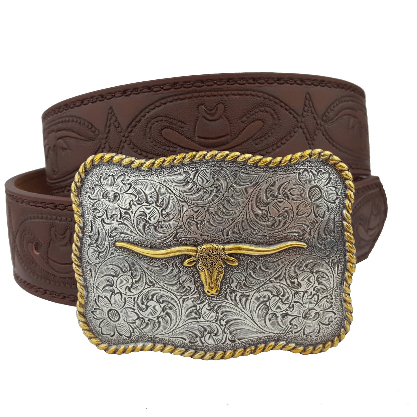 M Western Long Horn Buckle w. matching tooled belt