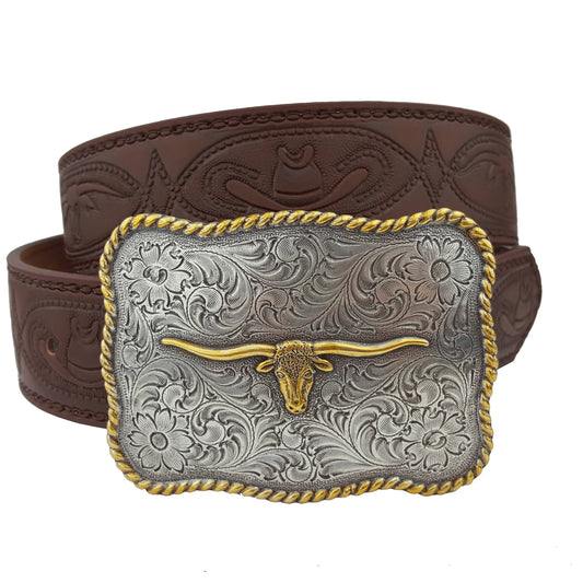 Western Long Horn Buckle with Tooled Belt: L
