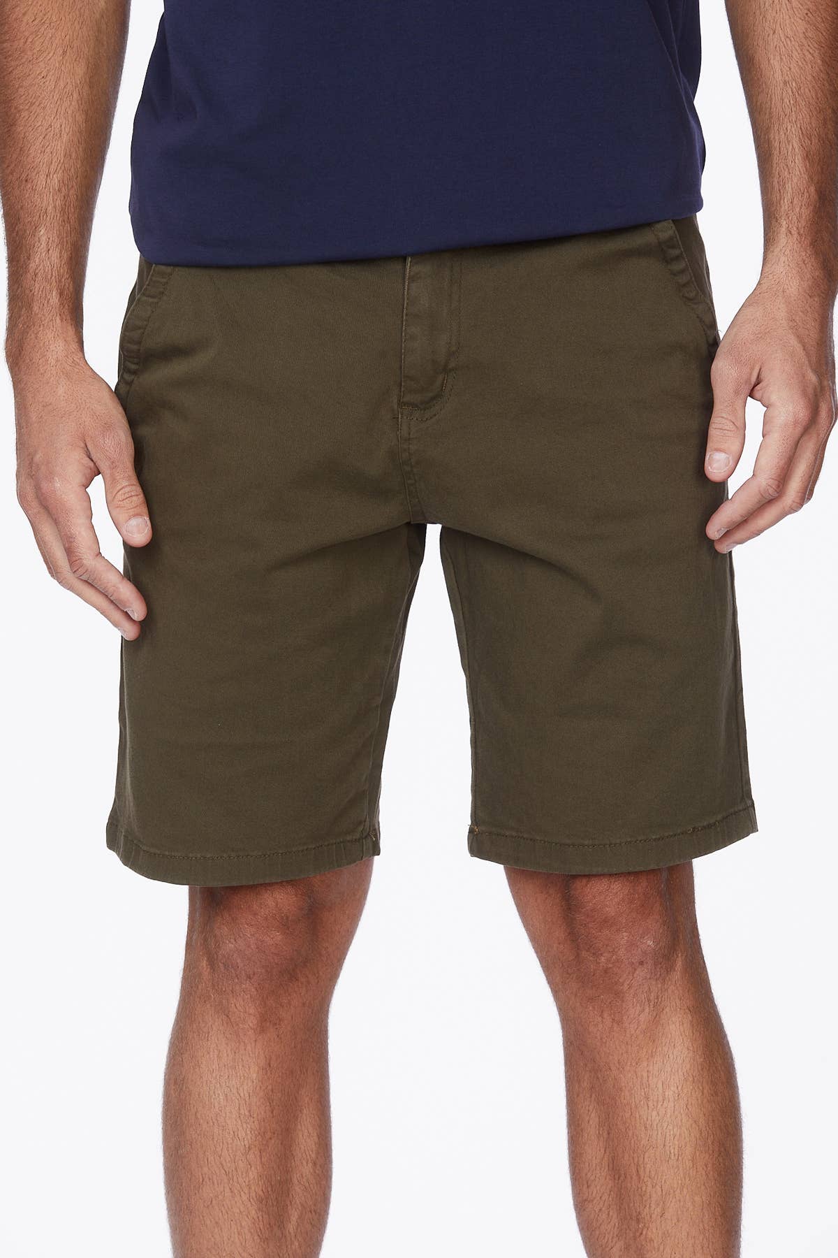 This image displays a pair of men's chino shorts in a solid, dark green color. The shorts are designed with a flat front and a subtle pleat design, enhancing their sleek and comfortable fit.