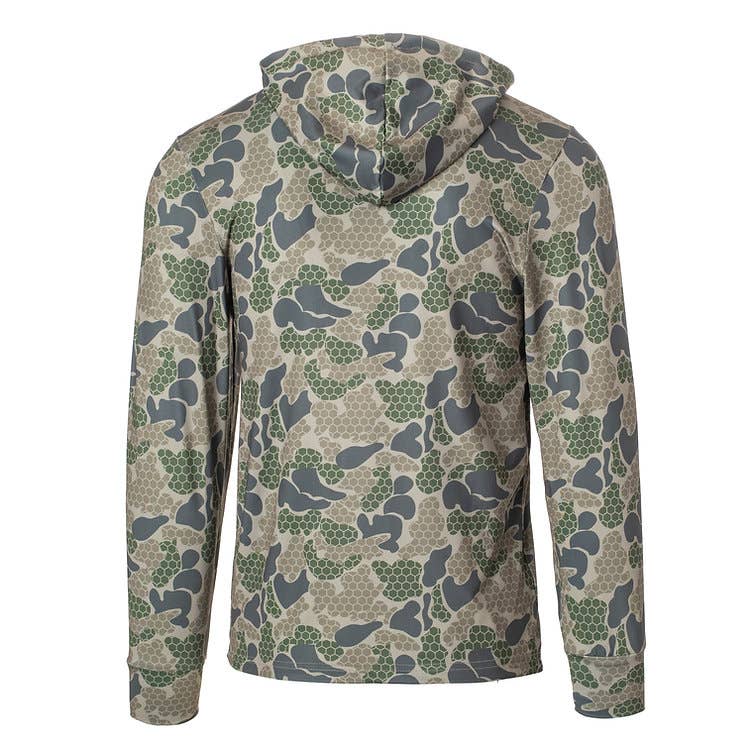 A hooded sweatshirt with a camouflage pattern in green, brown, and gray tones.