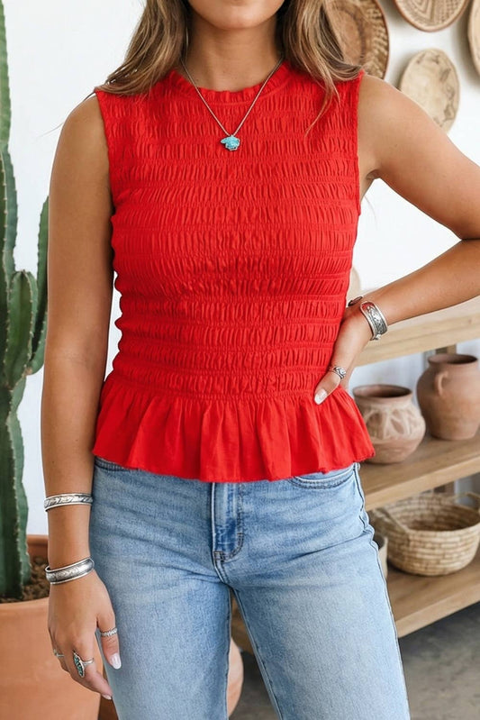Western Round Neck Shirred Sleeveless Tank Tops