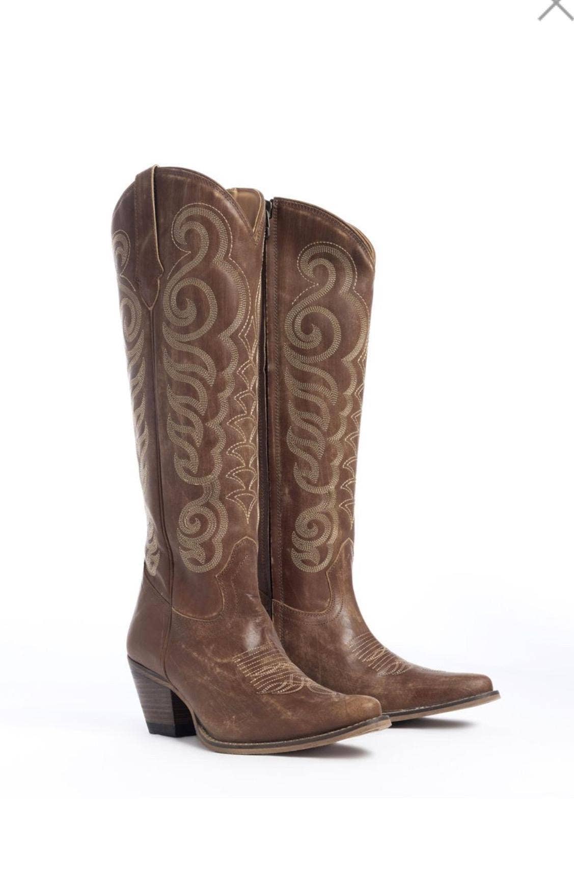 Traditional Western Flame stitched Leather Boots: Black