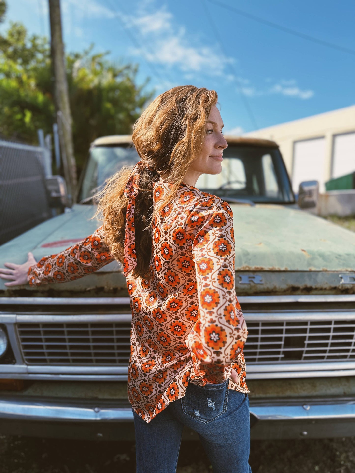 Large Poppy Flower Zipper Front Blouse