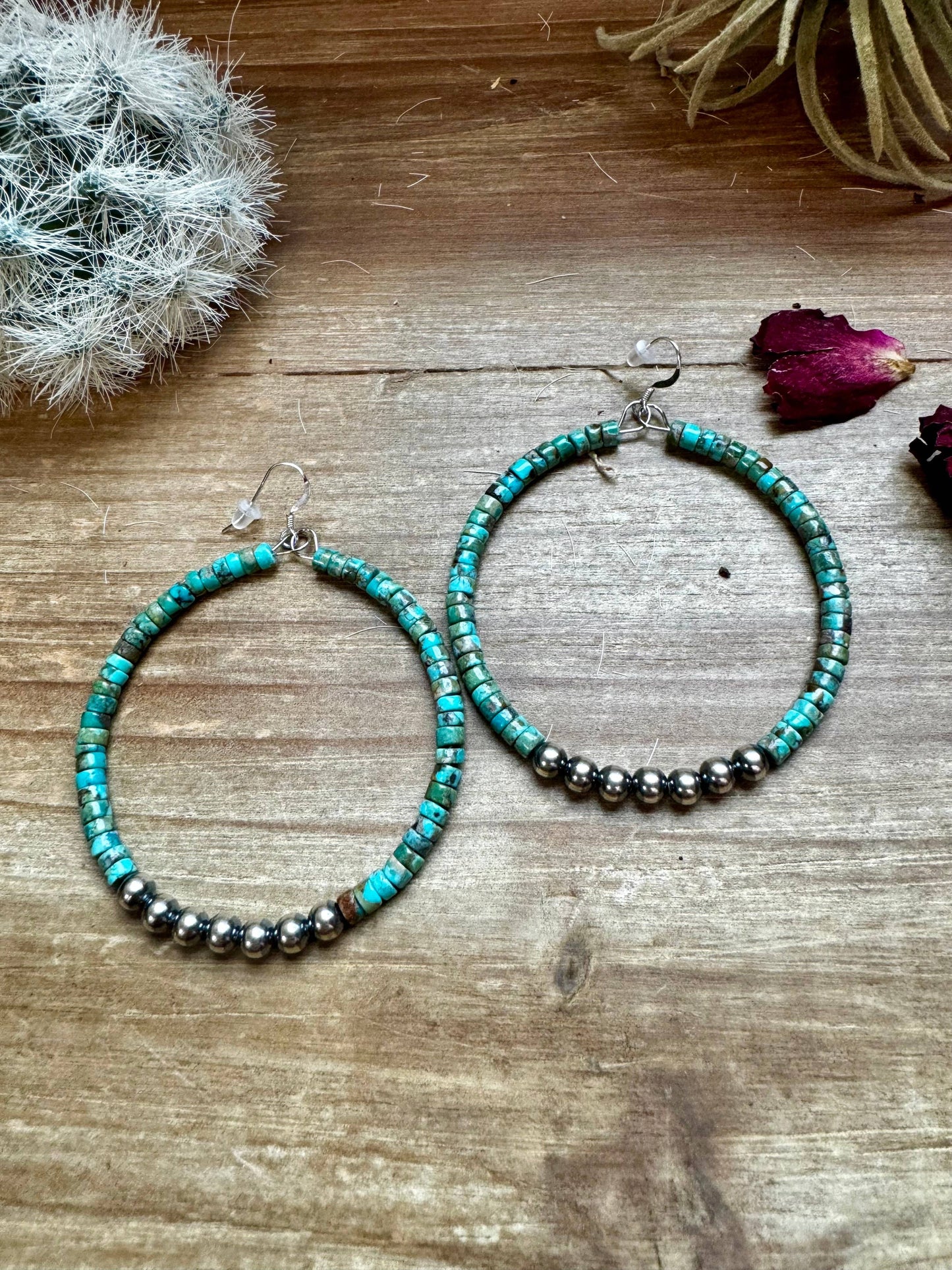 Turquoise and silver pearl hoops