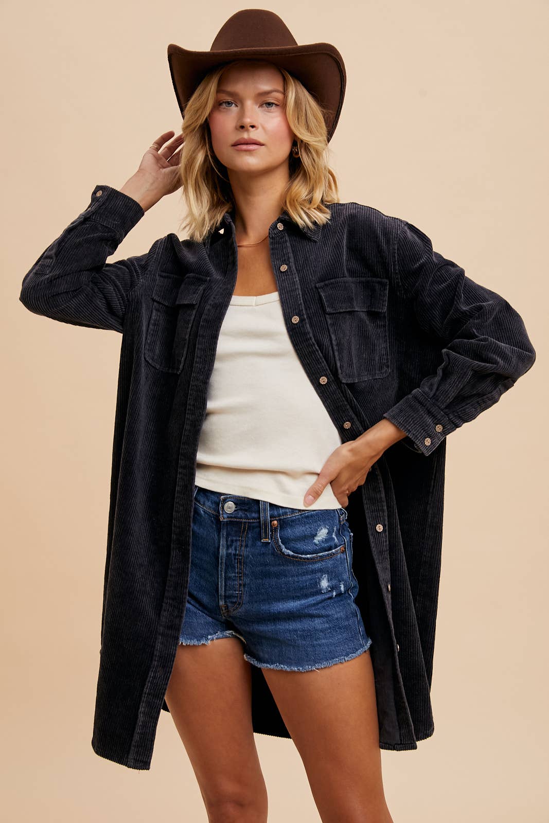 WASHED CORDUROY DUSTER: Black / M