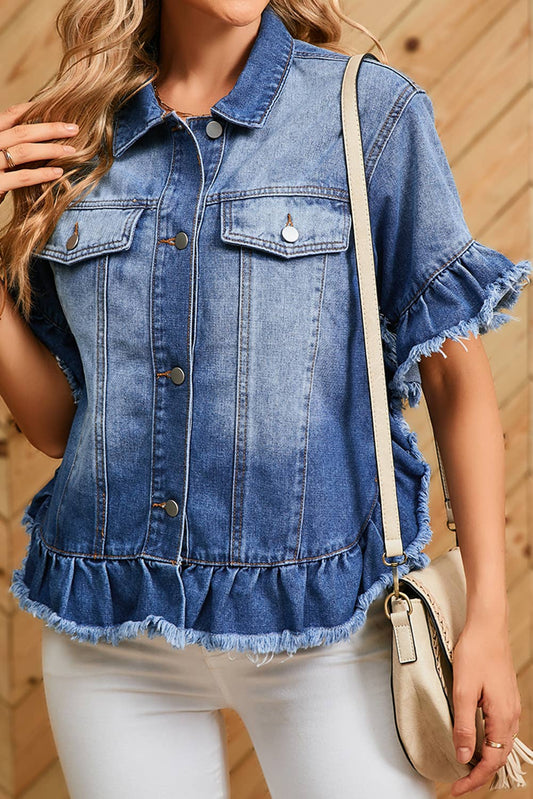 Raw Edge Ruffled Short Sleeve Denim Jacket