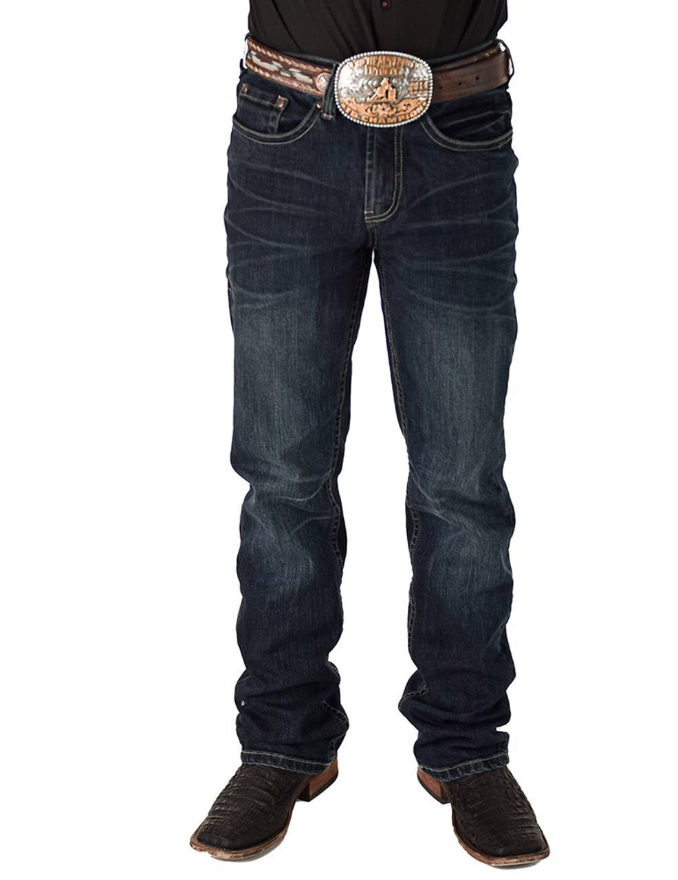 Dark blue jeans with a decorative belt on a white background
