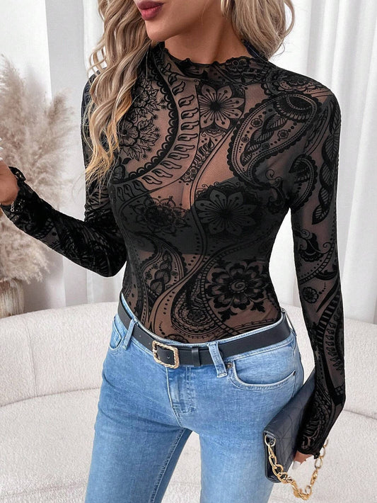 Vintage Print Mesh Blouse