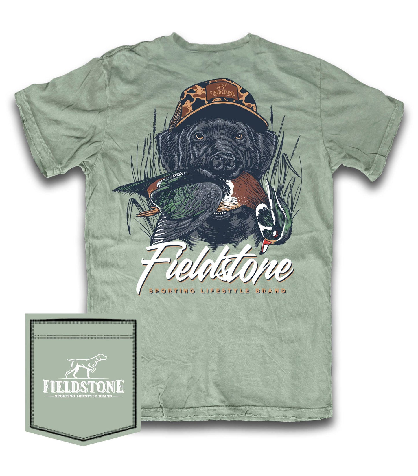 Green t-shirt with a dog and duck graphic and Fieldstone branding.