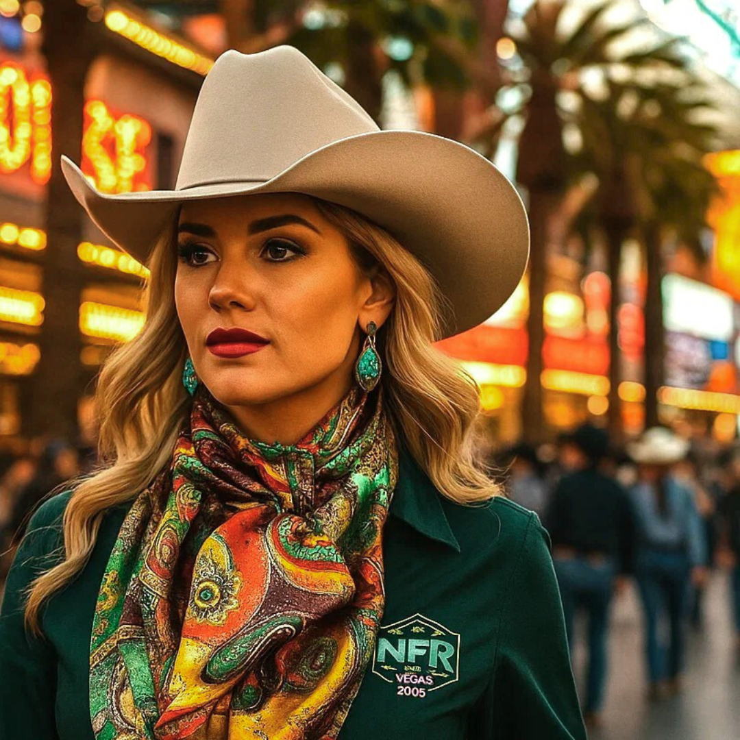 Woman wearing a cowboy hat and colorful scarf with a blurred city street background