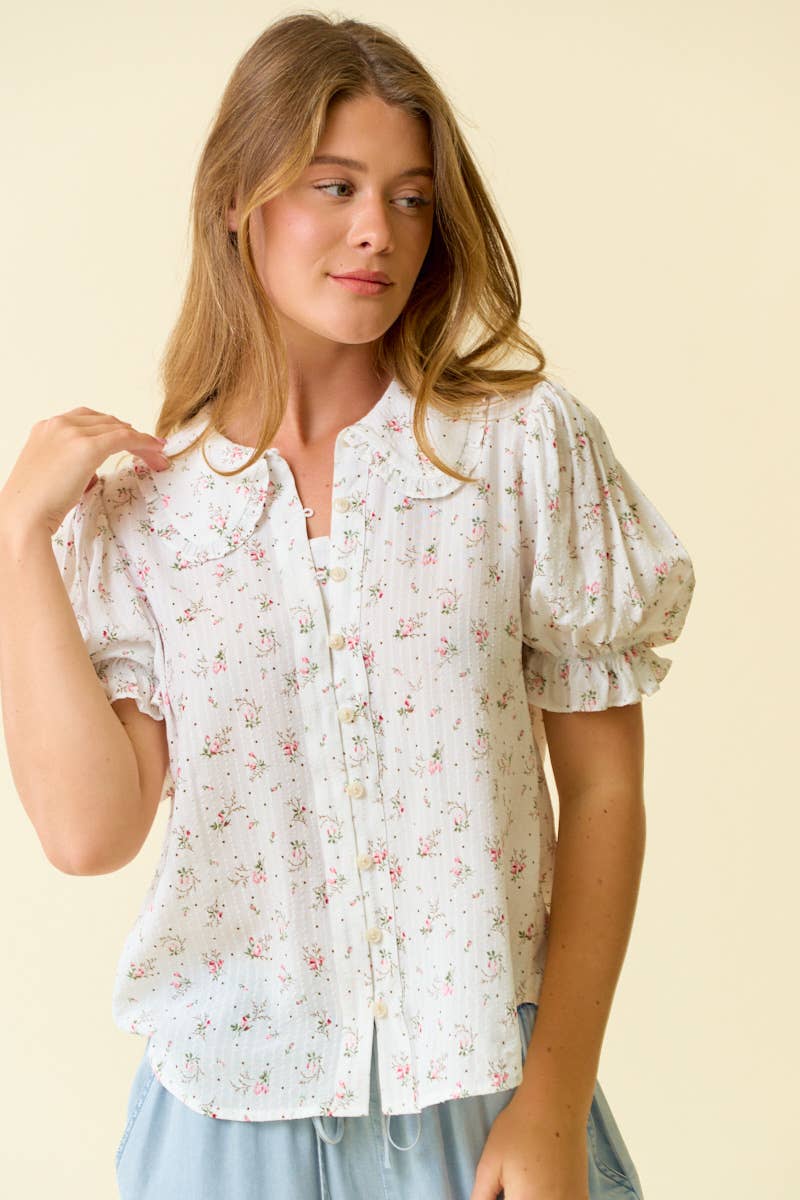 Floral Print Puffed Sleeve Button Down Top