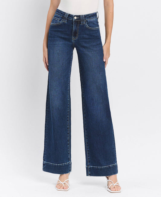 High Rise Dark Trouser Hem Wide Jeans