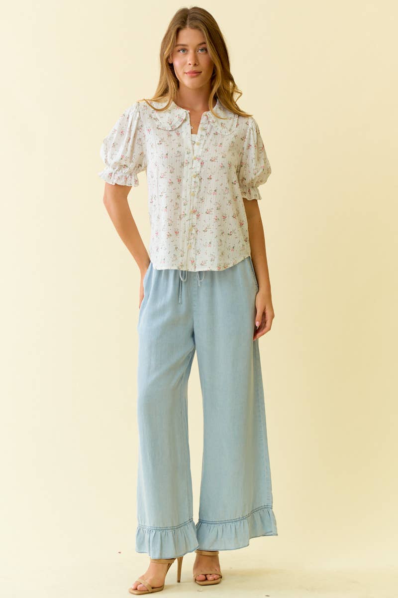 Floral Print Puffed Sleeve Button Down Top