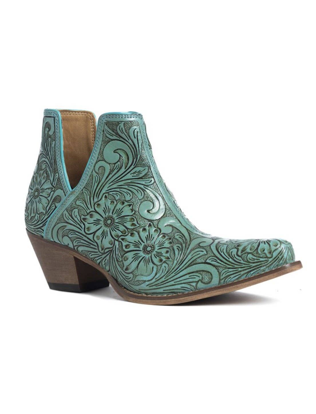 Western Tooled Ankle Boots: White