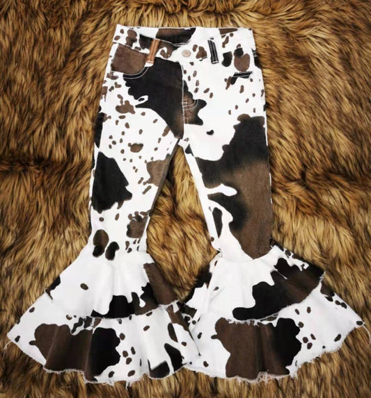 Cow print ruffle denim jeans